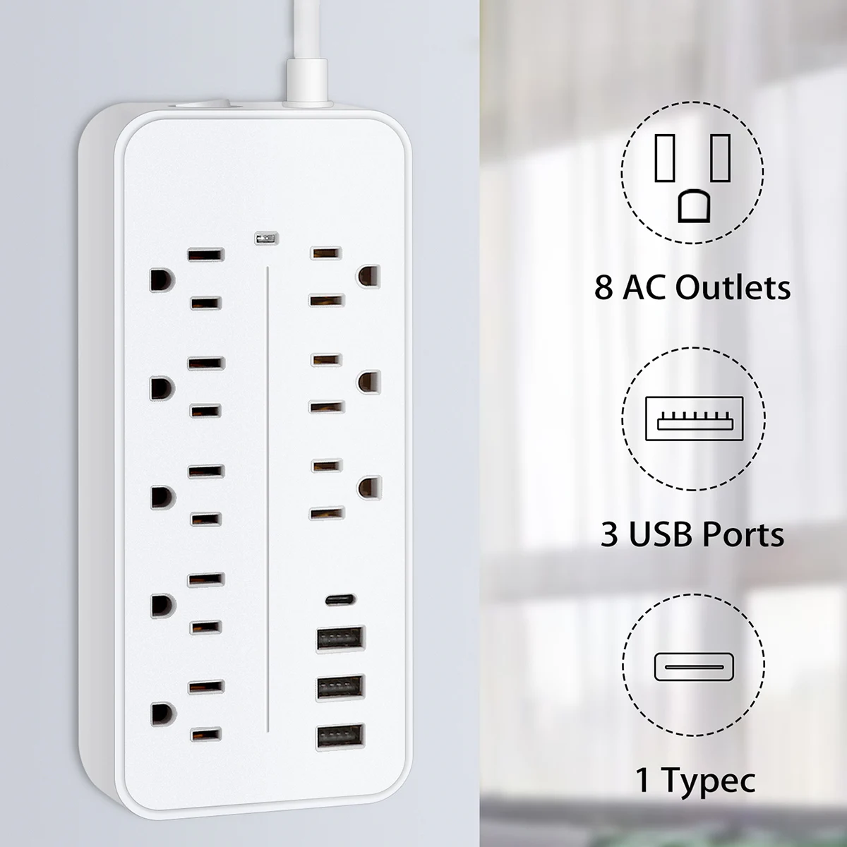 

Сетевой фильтр с 8 розетками, 4 USB-порта и 4 футами