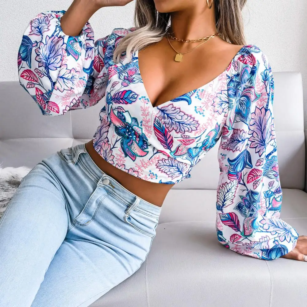 

Женская блузка с открытым пупком, удобный пуловер с глубоким V-образным вырезом и рукавами-фонариками, Клубная одежда, 2022