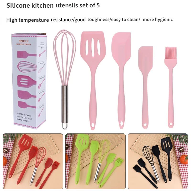 

Goods kitchen silicone set cooking utensils silicone leakage spatula scraper brush egg beater silicone kitchen 5-piece set