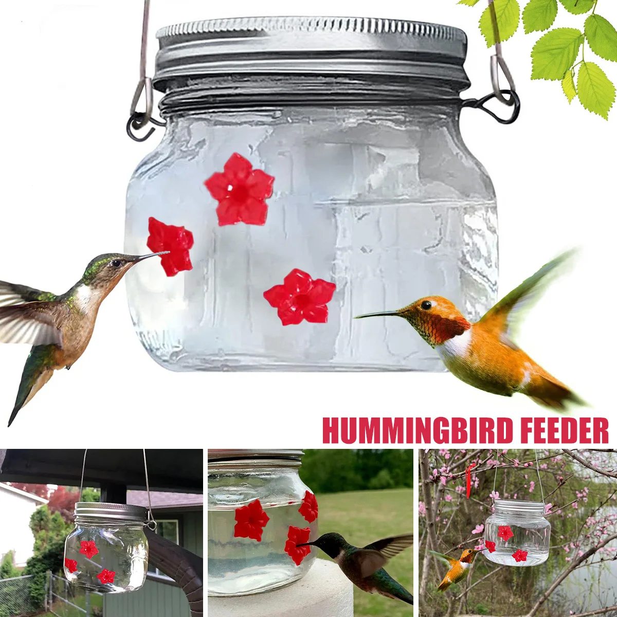 With 3 Red Feeding Ports Durable Plastic Glass Jar Bird Feeder Outdoors Garden Hanging Bird
