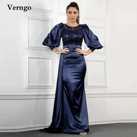 verngo navy blue satin modest evening dresses puff long sleeves jewel neck lace overskirt arabic women formal prom dress