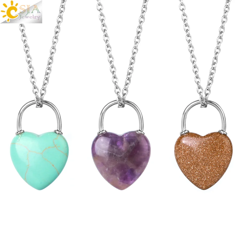 

CSJA Natural Stone Pendant Healing Crystal Necklace Heart Charm Pendants Amethysts Tiger Eye Obsidian Pink Quartz Jewellery H066