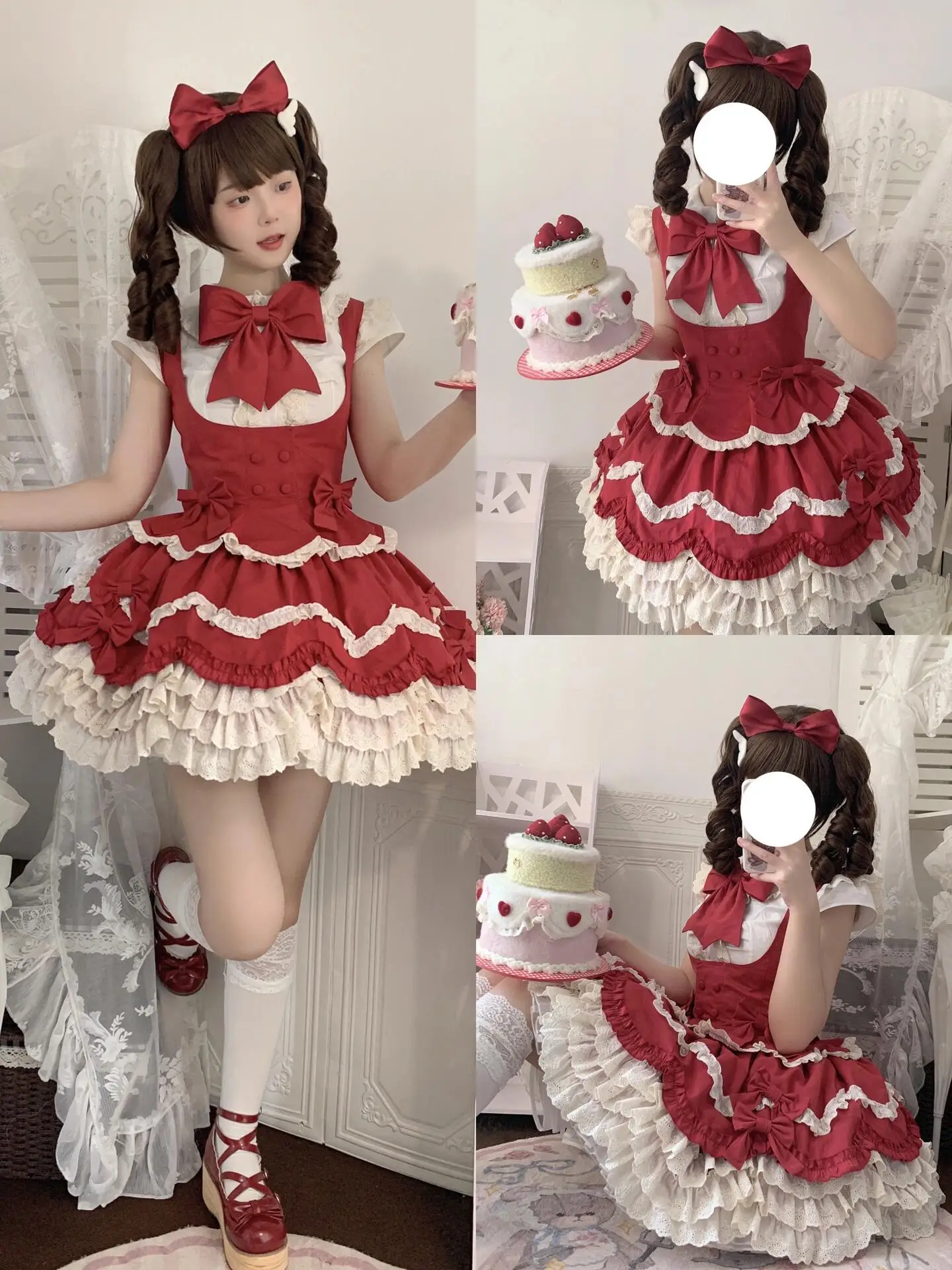 Cute Girl Sweet Retro Lolita Doll Collar Shirt Bow Waist Hugging Contrast Color Patchwork Pettiskirt Set