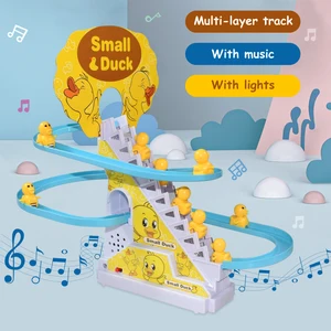 Kid Diy Small Duck Penguin Electronic Climbing Stairs Track Toy Light Musical Slide Track Coaster To