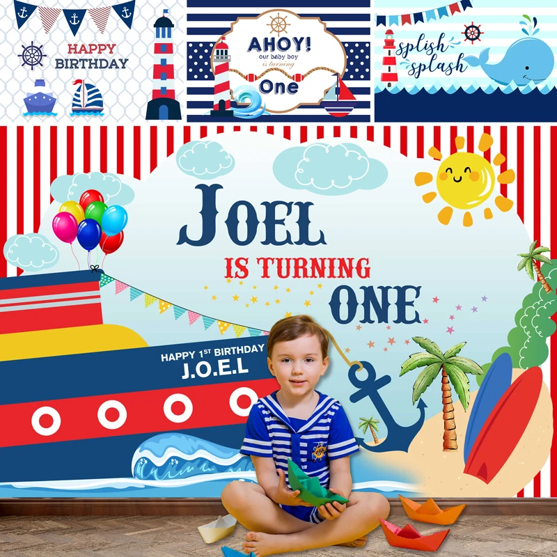 

Фотофон для новорожденных с морской тематикой, белыми и синими полосками