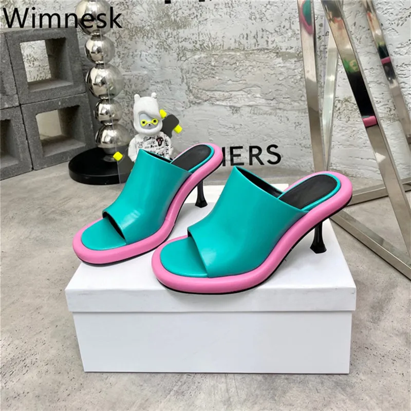

Summer New Round Toe Mixed Colors Genuine Leather Slippers Women Fashion One Strap Thin Heel Open Toe Slippers For Women 2023