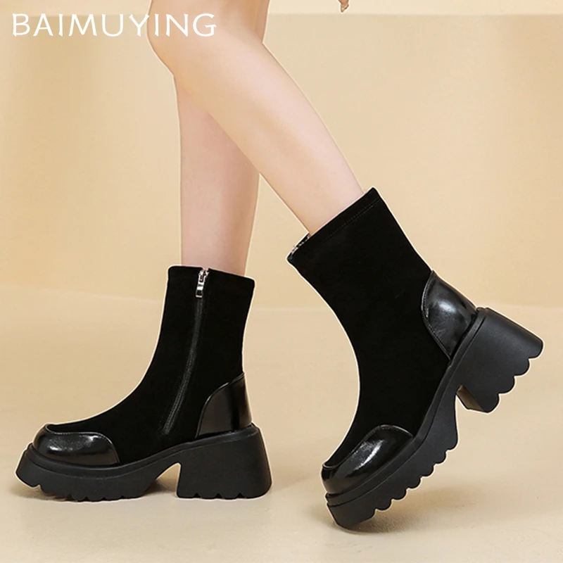 Женские ботильоны на платформе кожаная обувь высоком каблуке женская трендовая