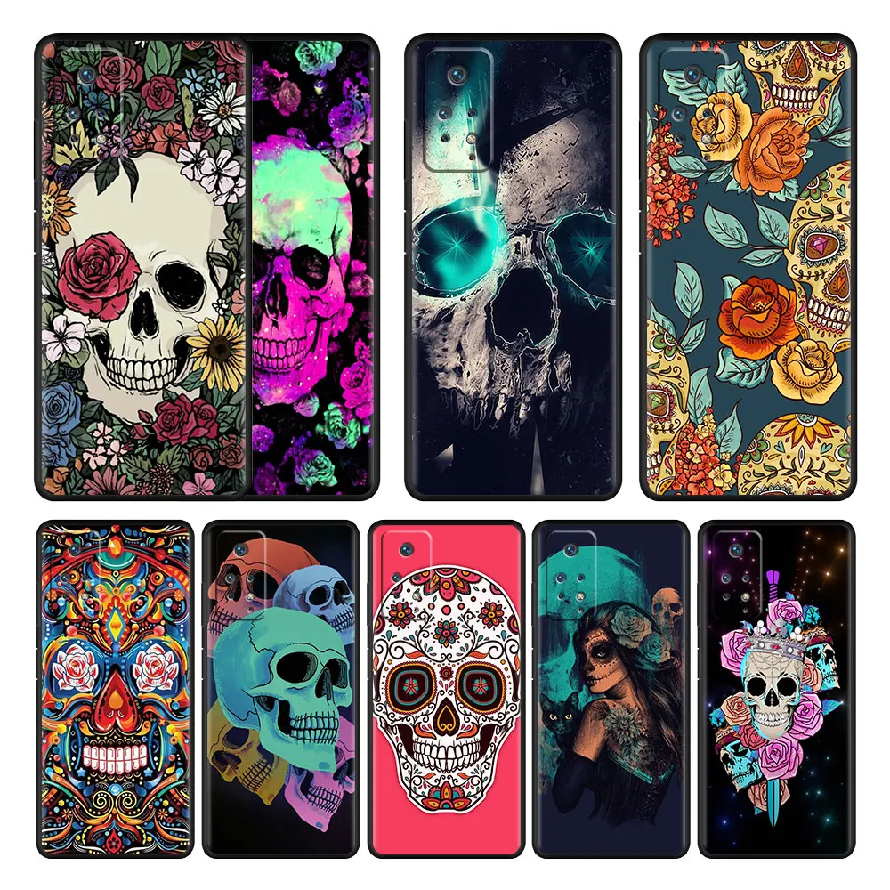 

Phone Case For Xiaomi Redmi Note 10 9 K40 11 Pro 9C 9A 7 9S 8 9T 10C K50 8T Floral Skull Fashion Shell