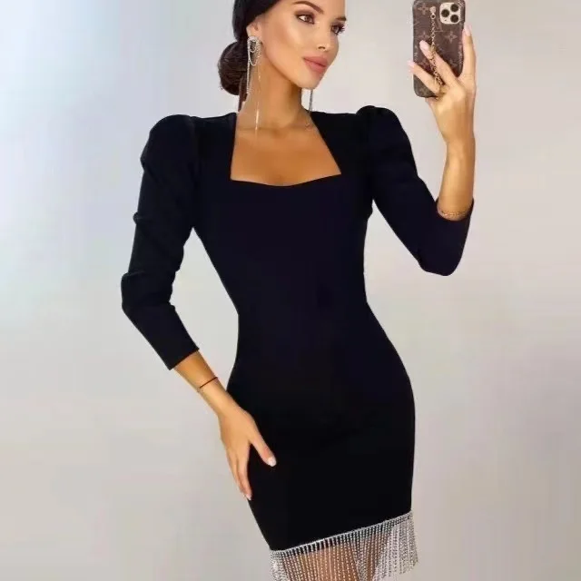 

Женское платье с длинным рукавом, однотонное облегающее платье с кисточками и запахом, короткая юбка в европейском и американском стиле, зи...