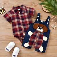 0 18m newborn baby boys cute puppy pattern two piece set toddler infant plaid printed crotch snap romper overall outfits