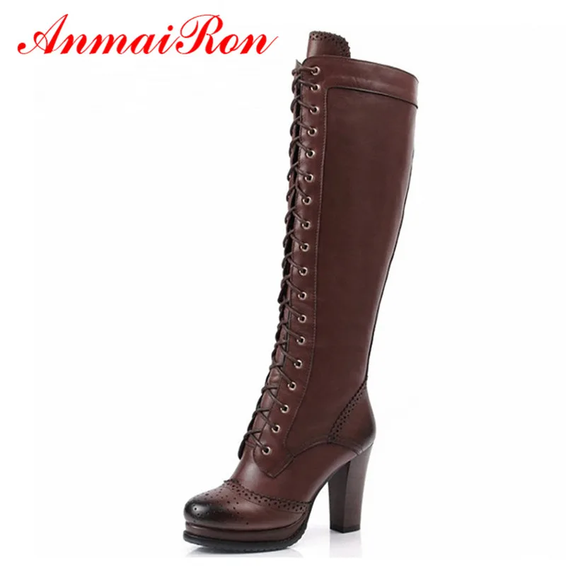 ANMAIRON High Quality Sexy Winter Boots Women Thigh High Boots New Lace Up Knee Corium Boot Women High Heels Retro Knight Boots