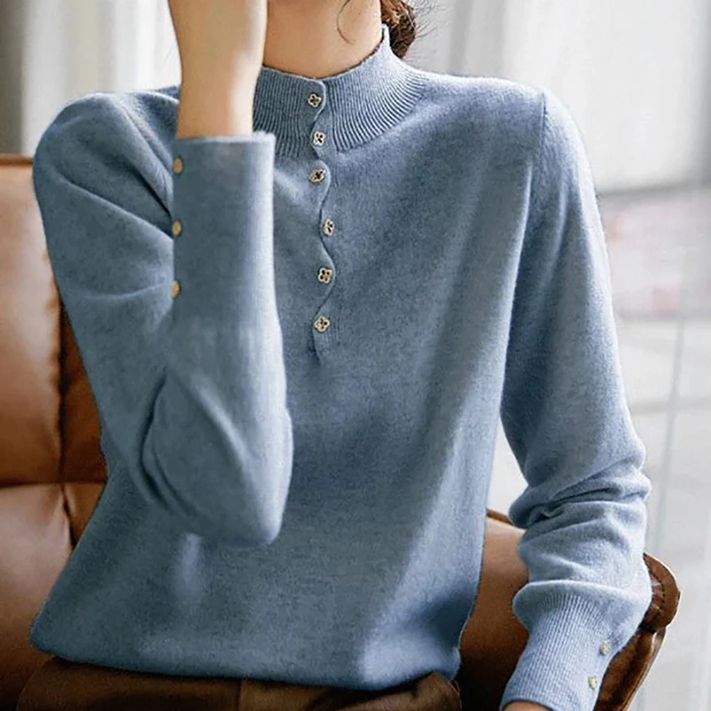 

Autumn Winter Half High Collar Elegant Fashion Bottoming Sweater Women Long Sleeve Knitted Jumpers Loose Pullovers Female Tops
