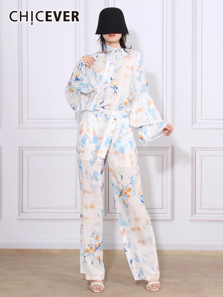 

Женский комплект из двух предметов CHICEVER, с круглым вырезом и расклешенными рукавами, со шнуровкой, с высокой талией, свободные штаны, комплект с принтом