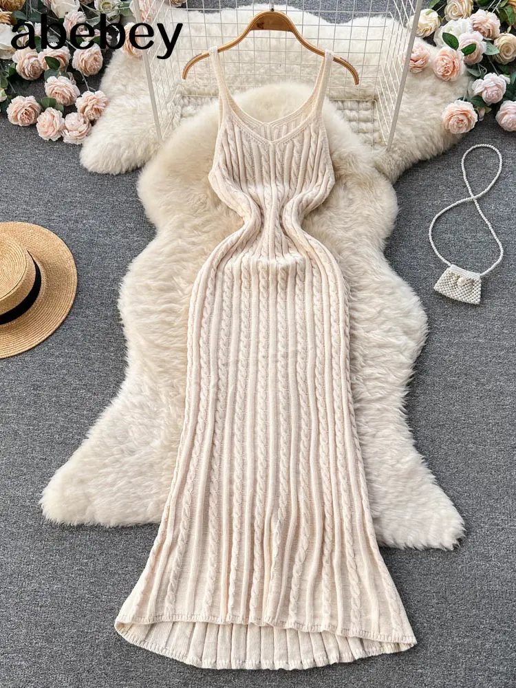 

Женское трикотажное платье с V-образным вырезом, повседневное облегающее Черное длинное платье в Корейском стиле, зимний винтажный сарафан ...