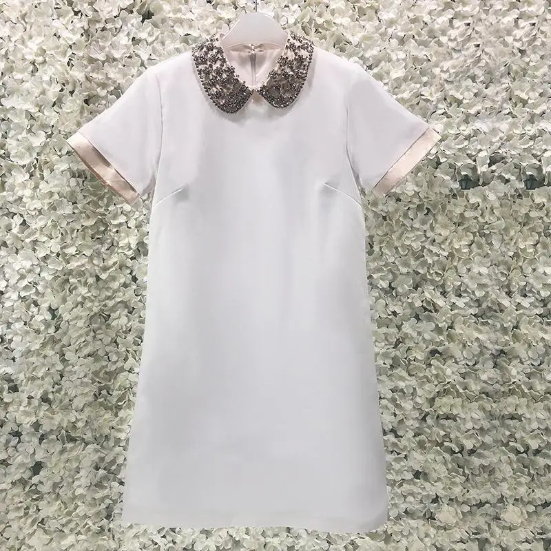 

High Quality Spring Summer New Elegant Lapel Commuter Contrast Color Stitching Short Sleeve White Loose Waist Women Dress