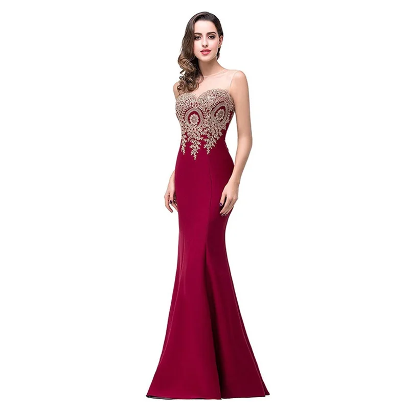

Women Chic Maxi Mermaid Evening Dress Burgundy Blue Lace Applique Elegant Sleeveless Backless Prom Gowns Celebrity Party Dresses