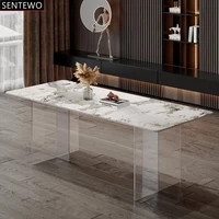 SENTEWO Nordic Luxury White Rock Slab Dining Table Dinning Chair Set Clear Acrylic Floating Frame Dinner Table Set Basse Marbre