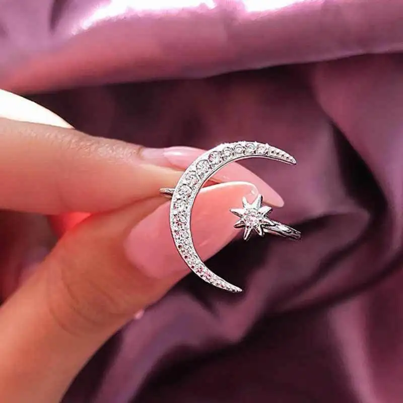 

New Crescent Star Moon Rings Romantic Engagement Ring with Adjustable Opening for Women