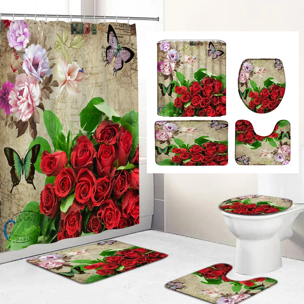 

Flowers Red Rose Printed Shower Curtain Set with Rug Anti-slip Carpet Bathtub Toilet Screen Waterproof Bathroom Decor with Hooks