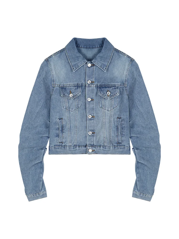 

Blue Cropped Denim Jackets Women 2022 Puff Sleeve With Button Pockets Vintage Coat Autumn Winter Streetwear Ripped Jean Outwear