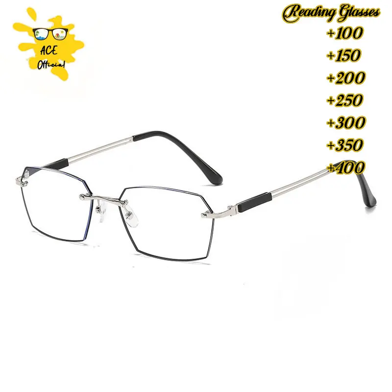 

Men Blue Light Blocking Reading Glasses Women Dimond Cutting Rimless Eyeglasses Frame Anti Fatigue Hyperopia Presbyopic Eyewear