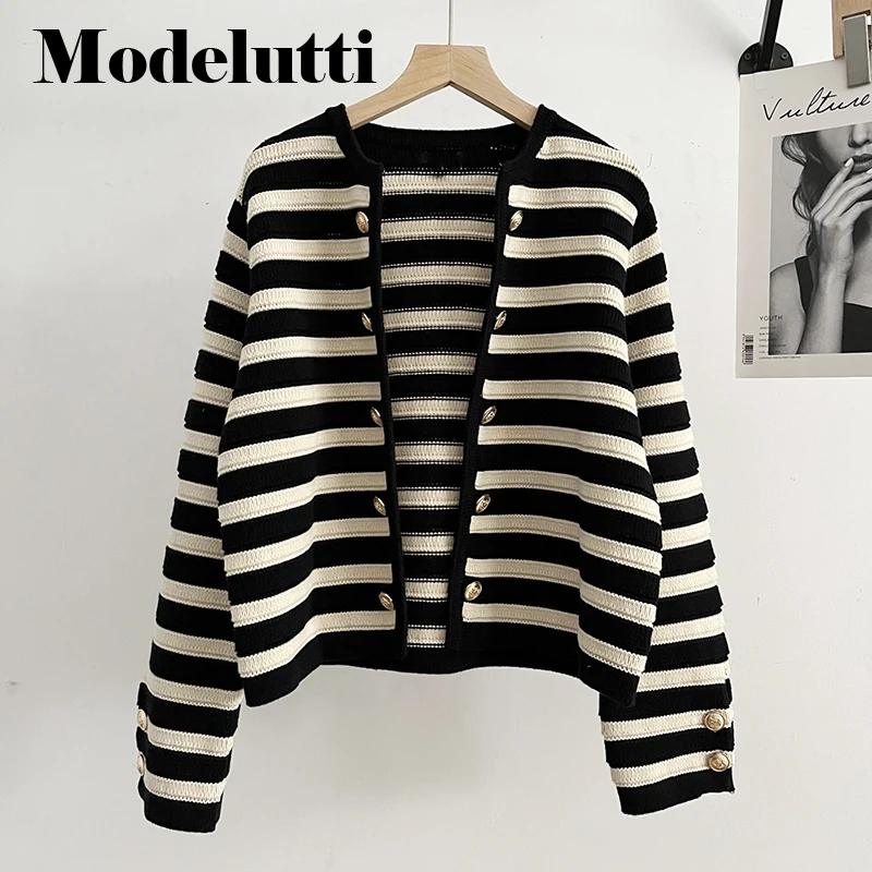 

Modelutti 2023 New Spring Women Fashion Classic Striped Knitted Sweater Cardigans Coat Elegant Slim Simple Tops Female Chic