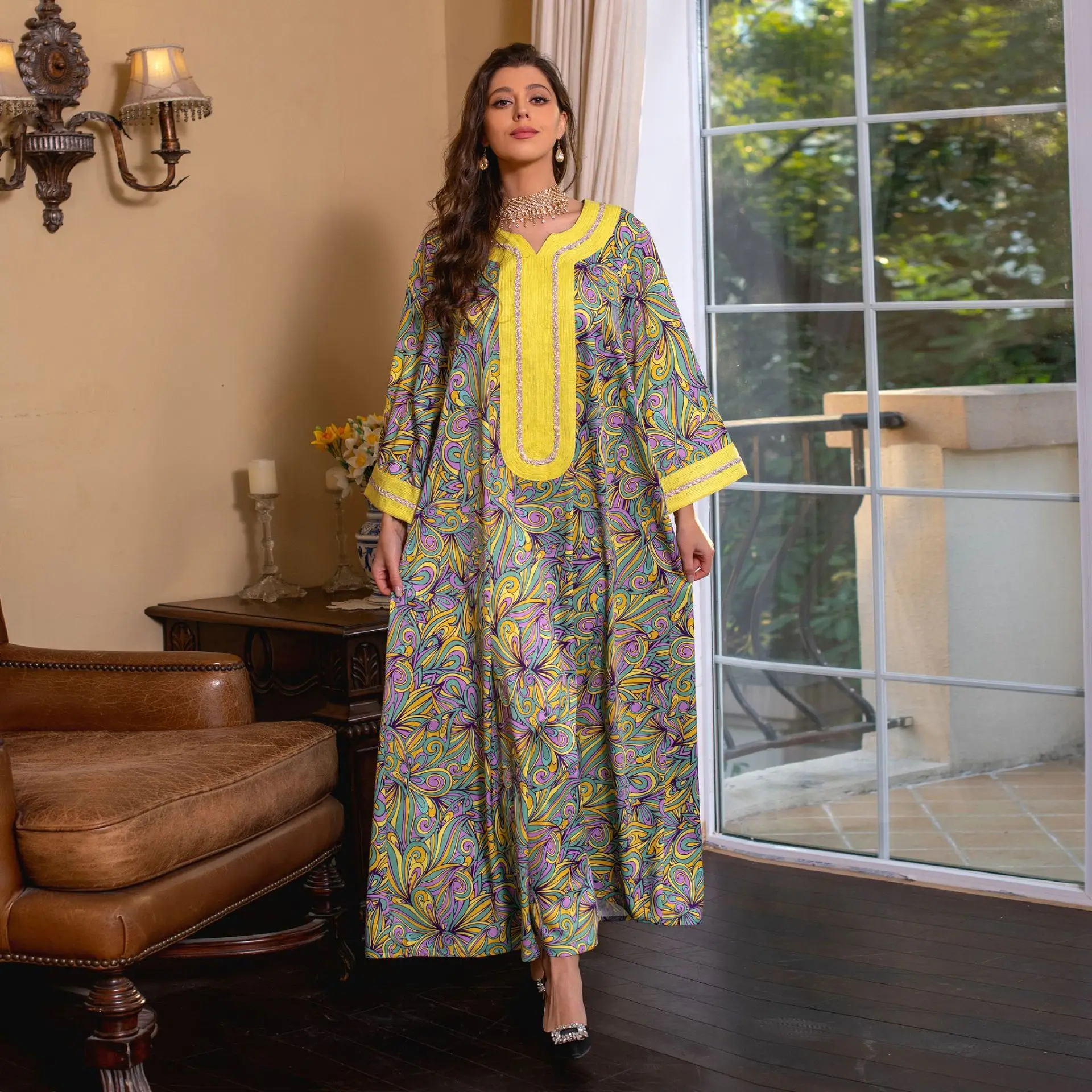 2023 Diamonds Muslim Dress Robes Jalabiya Arab Embroidery Long Sleeves Printing Elegant Dubai Party Dress with Scarf Vestidos