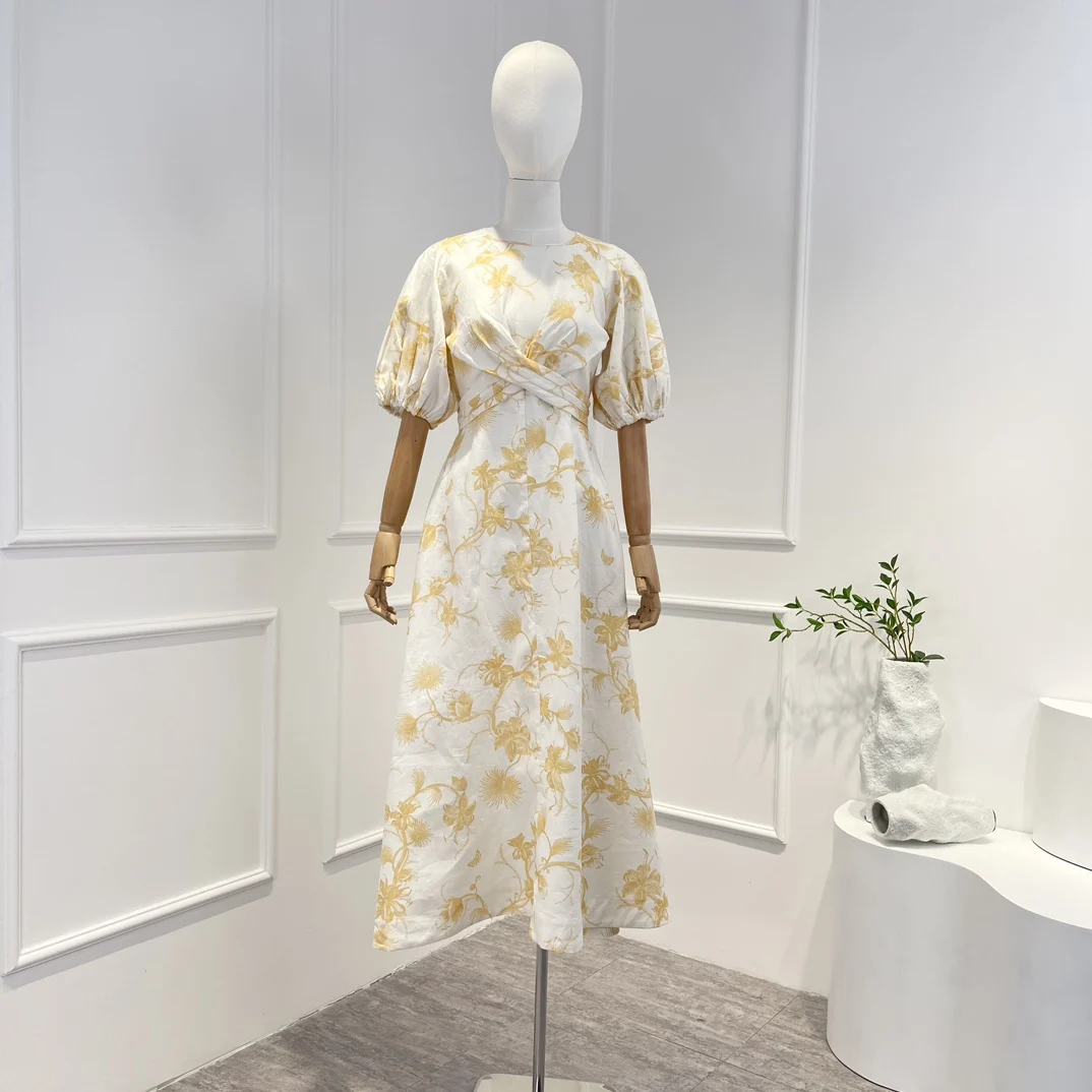 

Женское платье средней длины, желтое льняное платье с цветочным принтом, с перекрестными складками спереди, весна-лето 2023