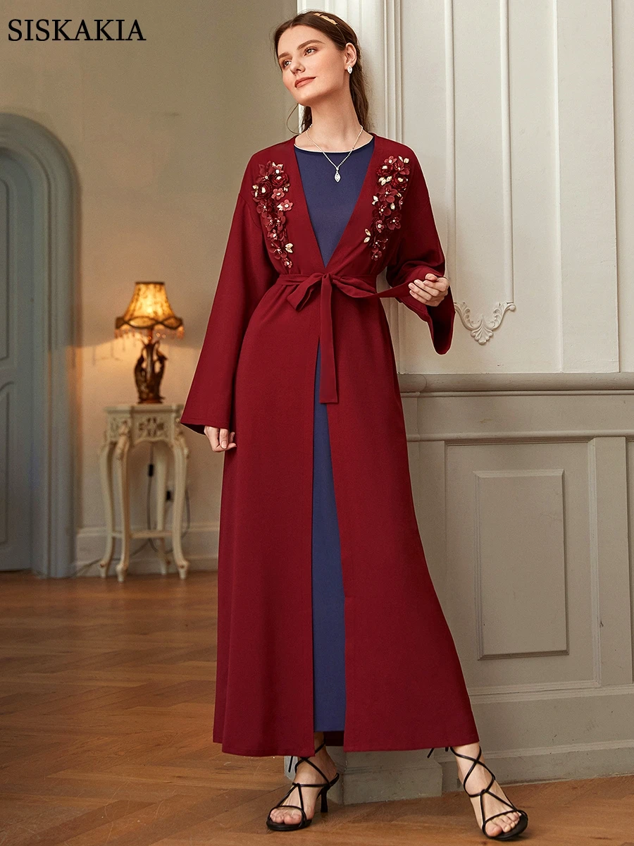 Рамадан галабия 2022 для женщин бриллианты кардиган с аппликацией абайя платье пояса Твердые марокканские Caftan открытый кимоно Халат