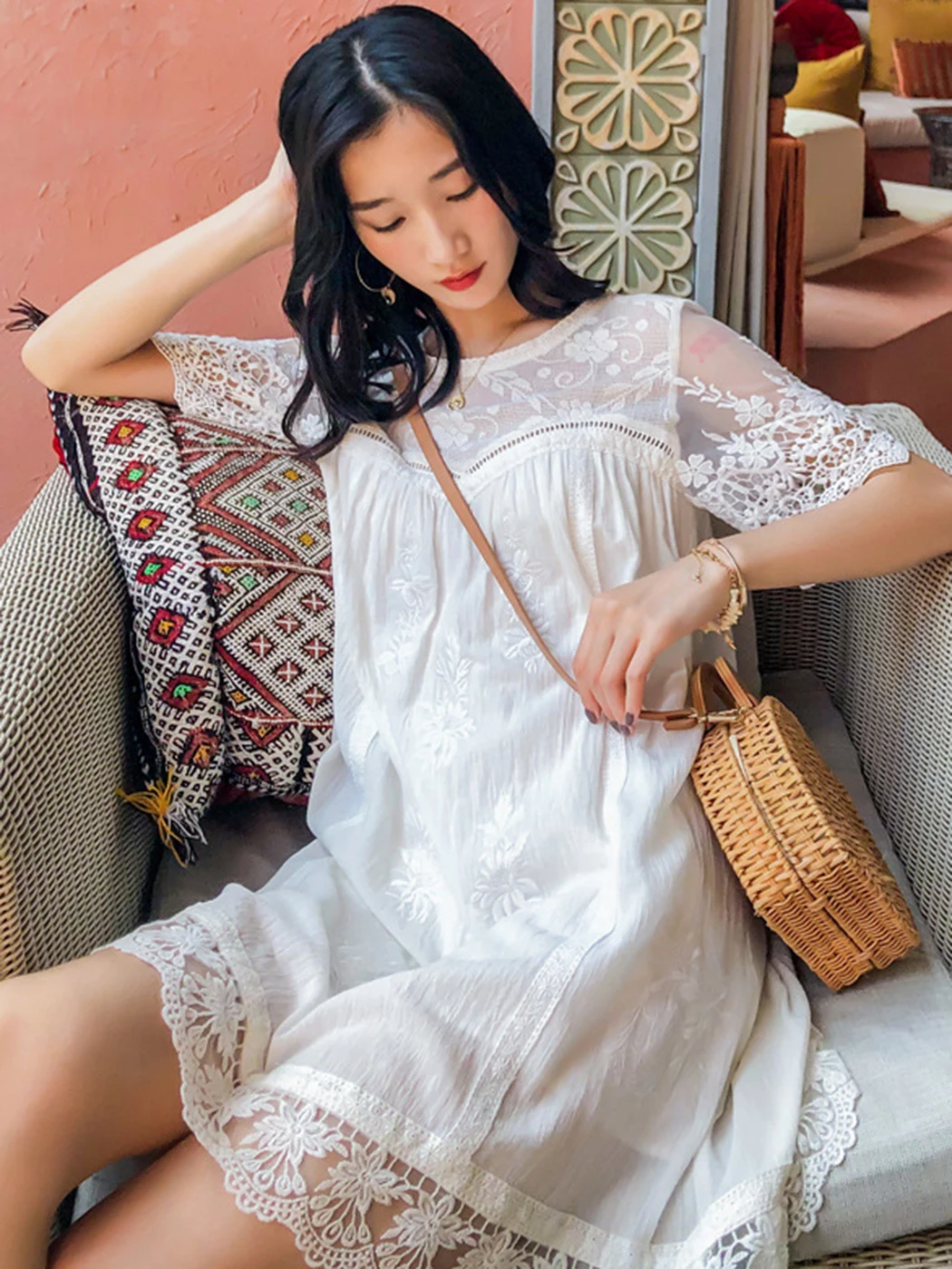 

Jastie Boho Embroidery White Mini Dress Women Summer Lace O Neck Short Sleeve Loose Chic Vestidos Elegant Beach Casual Dresses