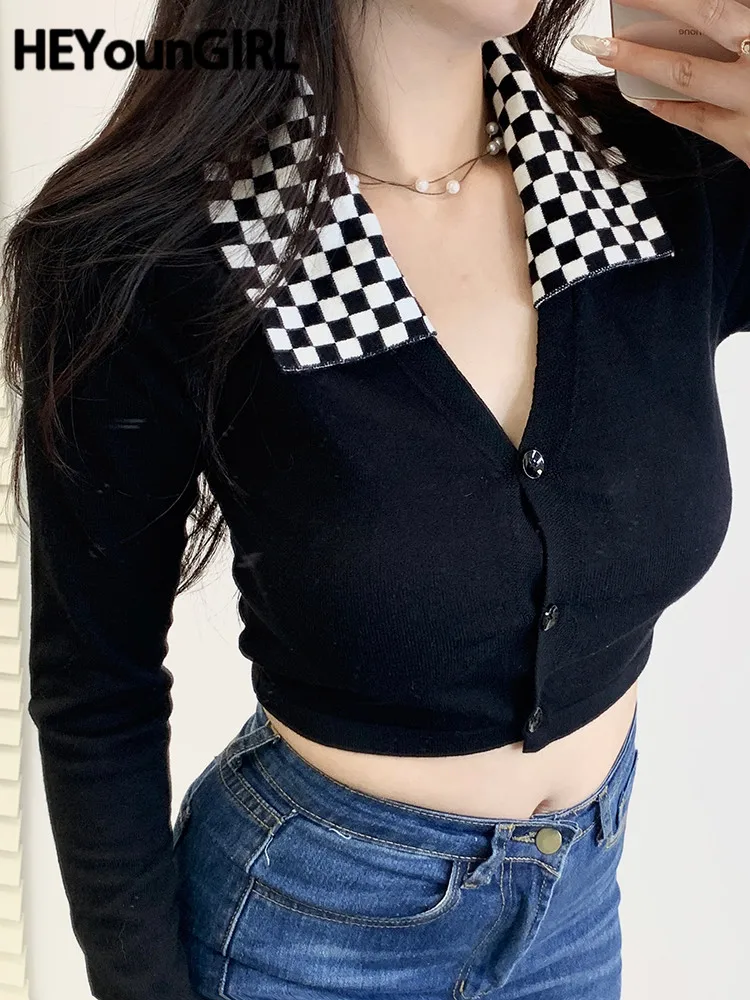 

Женский клетчатый свитер HEYounGIRL с воротником, короткий топ с длинным рукавом на пуговицах, Черный Повседневный облегающий осенний кардиган, ...