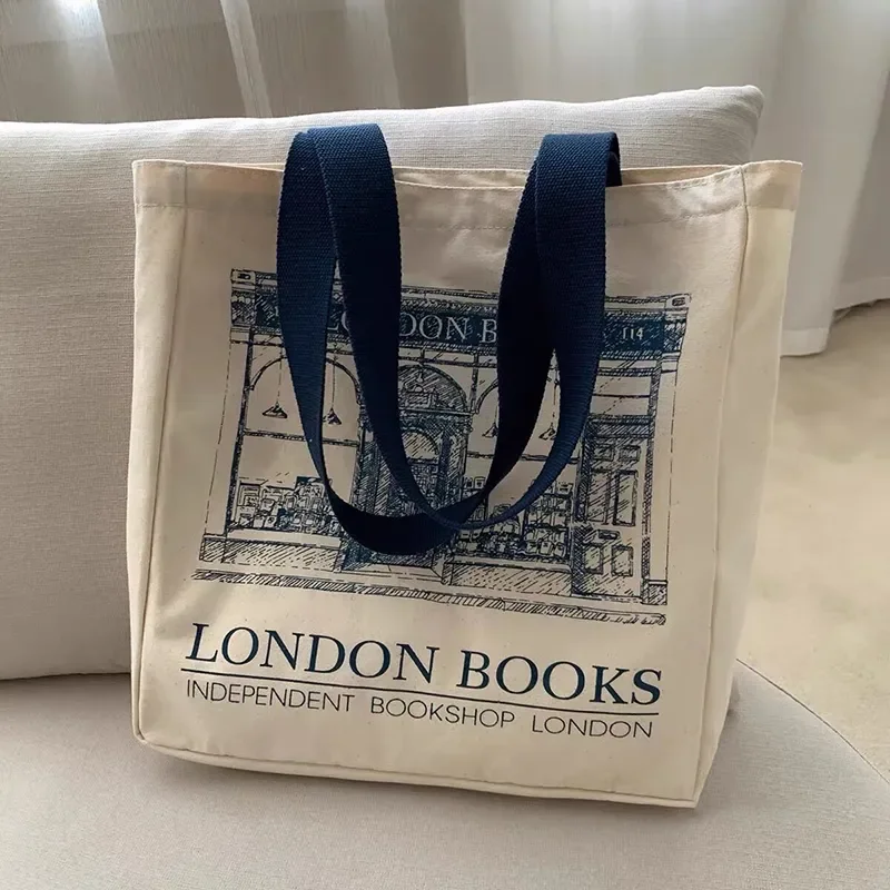 Canvas Shoulder Bag London Books Print Women Casual Handbag Tote Bag Reusable Large Capacity Cotton Ladies Shopping Beach Bag