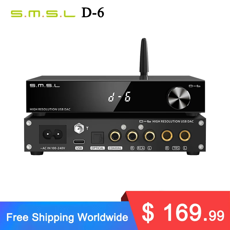 SMSL D-6 Decoder Dual Ak4493s Suport DSD512 PCM 768kHz/32Bit D6 DAC Bluetooth 5.1 SBC/AAC/APTX/APTX HD/LDAC With Remote Control