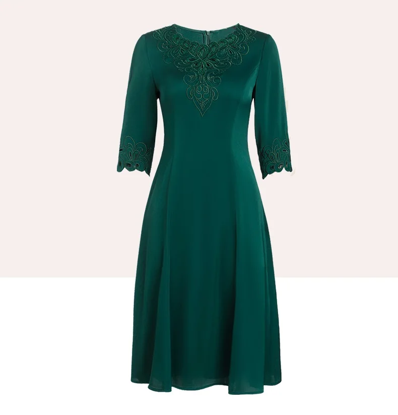 4XL 3XL 2XL Dresses 2022 Spring Summer Party Elegant Women Luxurious Embroidery Half Sleeve Mid-Calf Length Dark Green Dress 50s