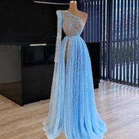 sky blue sexy perspective one shoulder long sleeved beaded high slit prom dress formal party cocktail dress