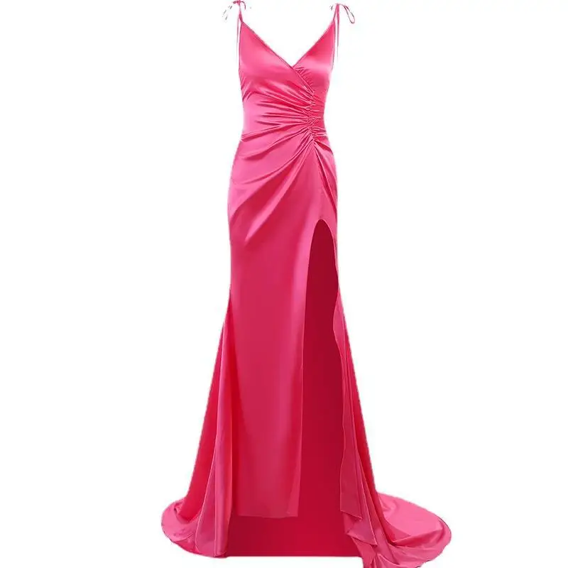 Women Sexy Soft Satin Evening Dress Spaghetti Deep V-neck Sleeveless Backless Long Party Dress Fashion Slim Waist Prom Dresses