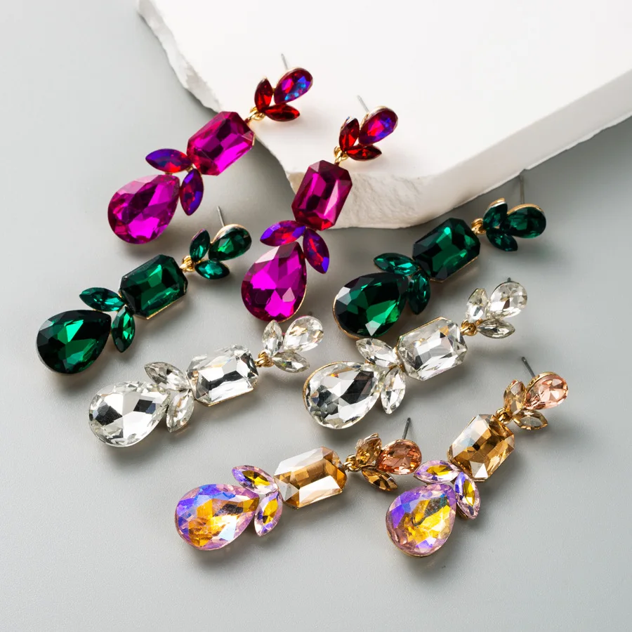 

Dangle Earrings For Women Luxury Elegant Fuchsia Crystals Leaves Brincos Pendant Jewelry Ear Accessories