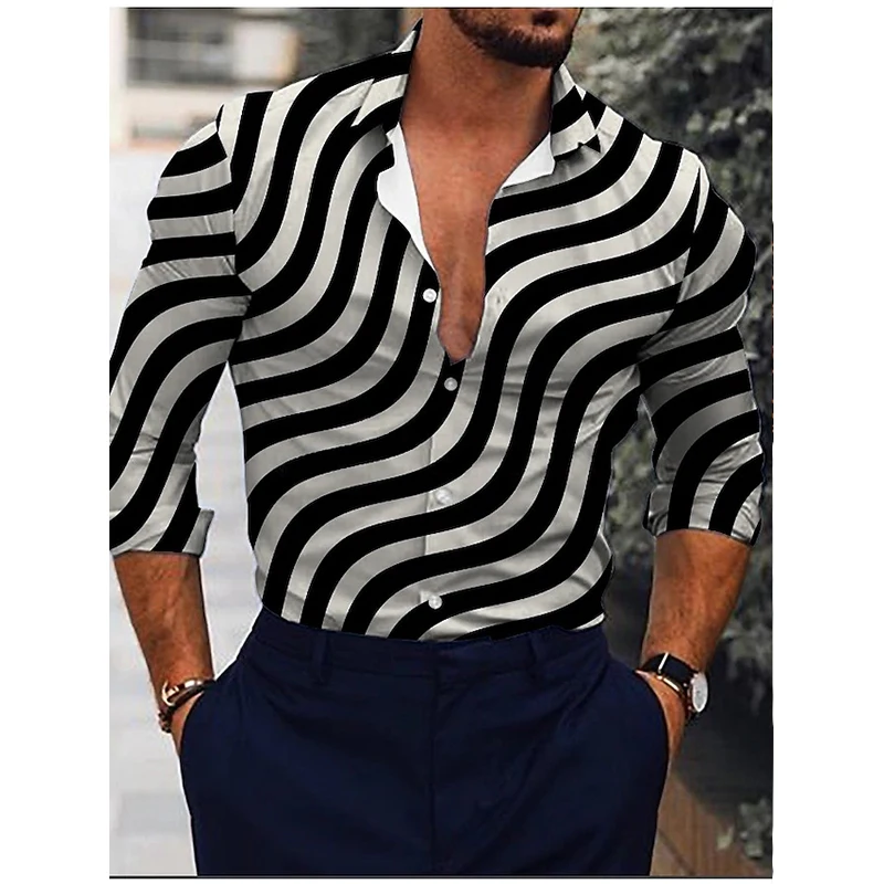 

Men's Social Fashion Shirts, High-quality Casual Shirts, Lapels, Buttons, Stripe Printed Long Sleeve Tops, Club Cardigans
