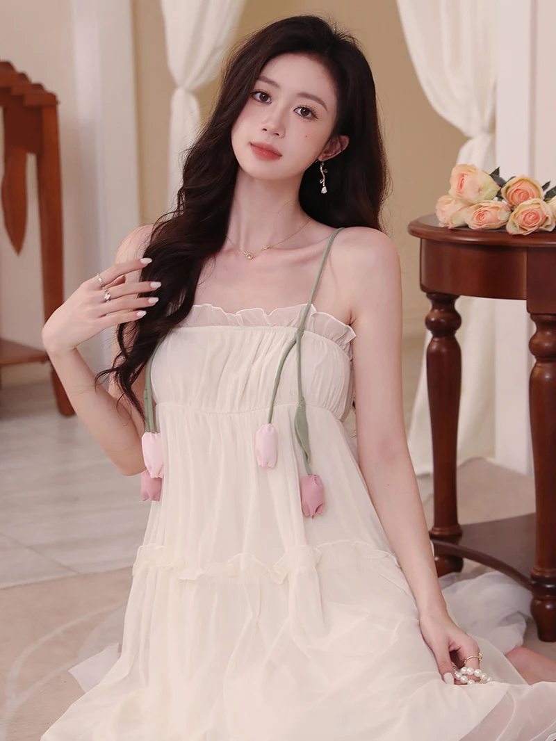 Women Summer Nightdress French Pure Mesh Nightgowns Pajama Lace Sexy Fairy Spaghetti Strap Sleepwear Ruffles Princess Homewear