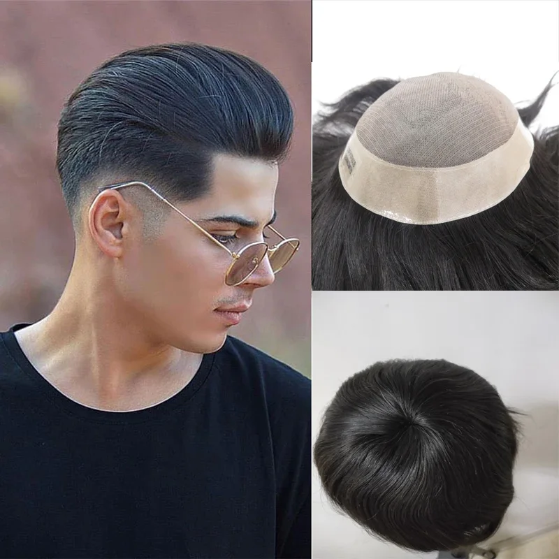 Silky Straight Hair Fine Mono Toupee Human Hair Wig Toupee Indian Remy Hair System Men Hairpiece Natural Black