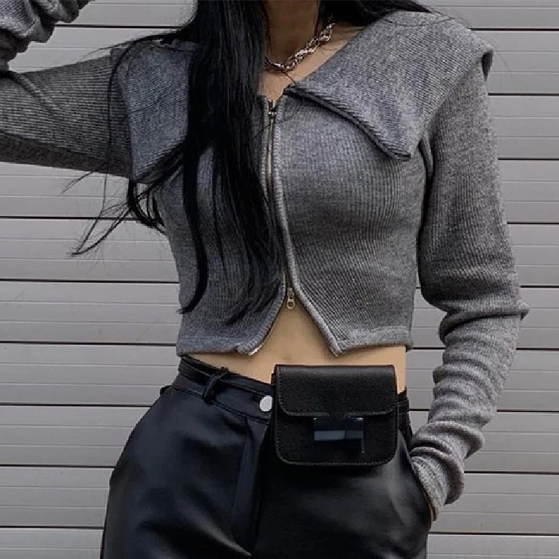 

Женский укороченный кардиган на двойной молнии, весенне-осенний модный уличный свитер в Корейском стиле, вязаный Дамский джемпер, новинка ...