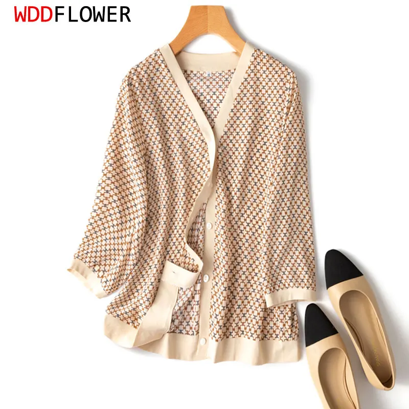 Women Cardigan 100% Mulberry Silk Beige Checked Printed Thin Type Coat Top 3/4 Sleeve Buttons Down Blouses Shirt M L XL MM824