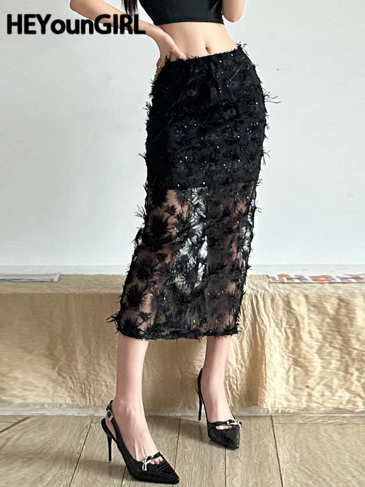

HEYounGIRL Elegant Lady Aesthetic Black Long Skirt Back Slit Luxury Party Clubwear Gothic Korean Style Chic Women Mid Skirts