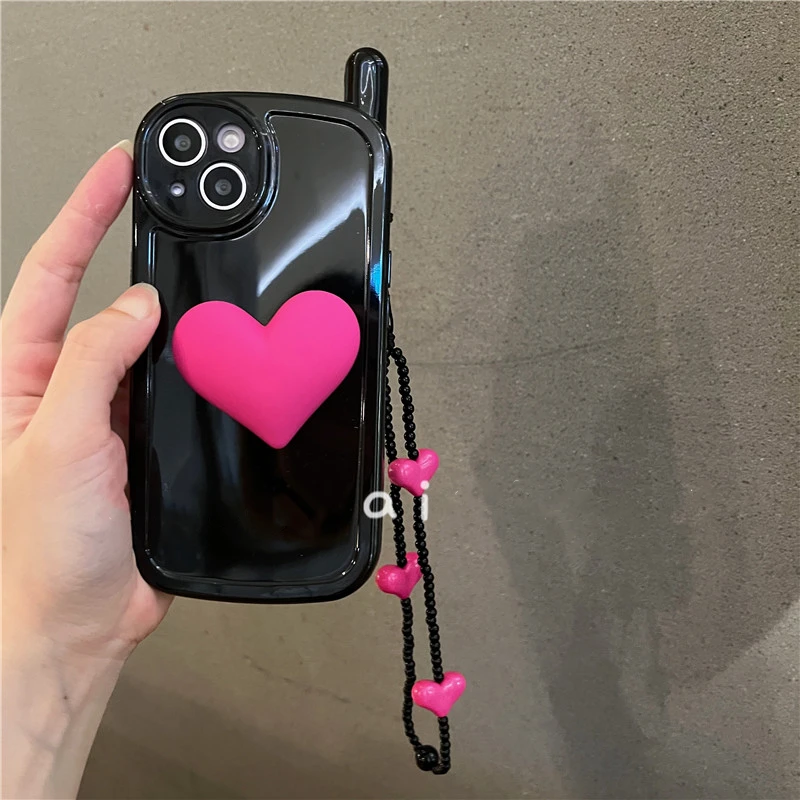 

3D Cute Mobile Phone Love Heart Soft Case for iPhone 13 12 Pro Max 11 X XR XS 7 8 plus Chain Aesthetic Silicone Cover