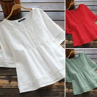 women vintage casual chemise 2022 solid color cotton blouses half sleeve o neck spliced shirt hollow out tops ladies tops