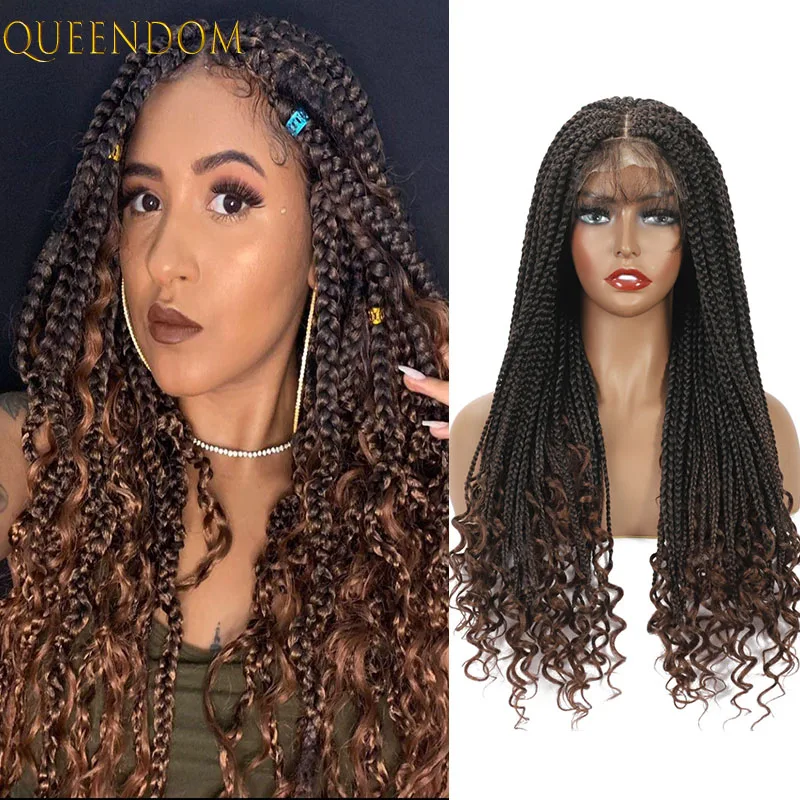 Ombre Brown Box Braided Lace Front Wig for Black Women Natural Synthetic Braids Lace Wig Curly End 20