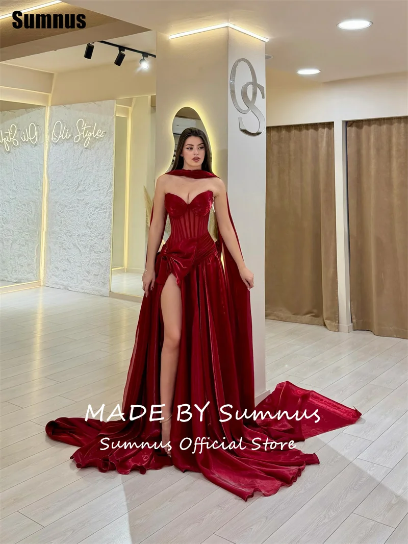 Фото Вечерние платья Sumnus Charming A-Line красного цвета из органзы с эффектом «жидкости», с иллюзионным бантом и высоким разрезом, макси-платья для выпускного бала 2026, нарядные платья, индивидуальный пошив №5