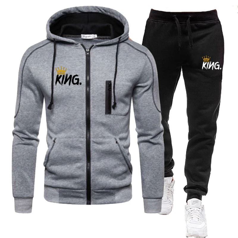 2022 Autumn Winter KING Printed Tracksuit Men Fashion Long Sleeve Jacket Coat+Sport Pants Casual Zipper Design Jogging Suits