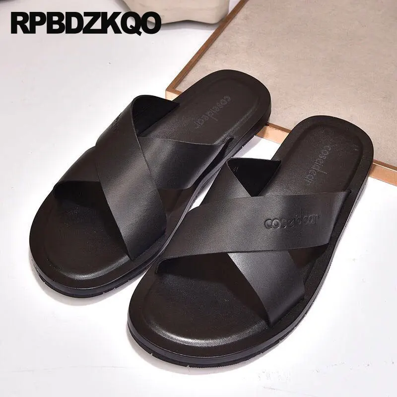 

Strap Black Slides Leather Nice Beach Roman Large Size Men Gladiator Sandals Summer Shoes Flip Flop Slippers Metal 45 Waterproof