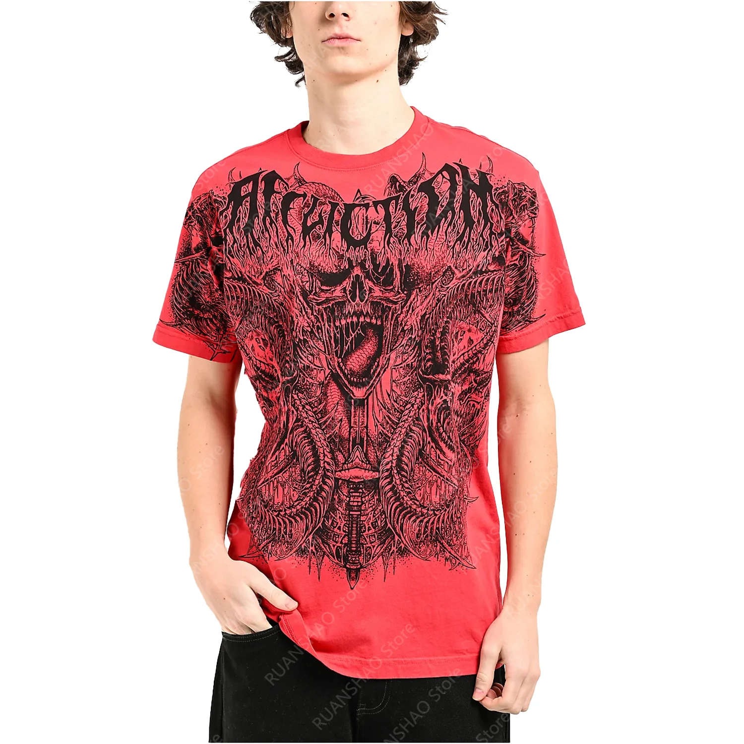 Винтажная Хлопковая Футболка Унисекс 2024 Готический Принт В Стиле Рок-н-ролл